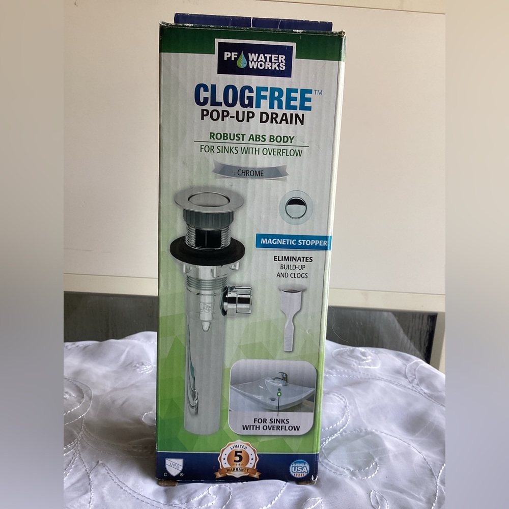 PF WaterWorks Anti Clog Pop Up Drain Magnetic Stopper Transparent Chrome PF0324